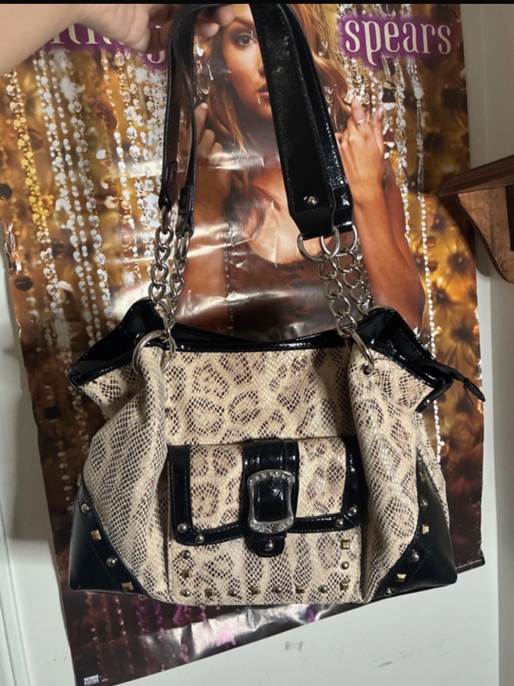 Kathy Van Zeeland Black and Beige Snake-Print Shoulder Bag